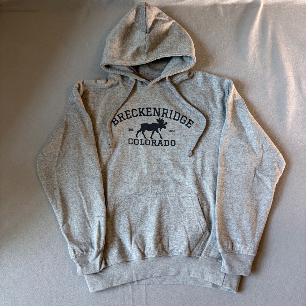 Breckenridge Colorado Moose Graphic Hoodie Mens Gray Pullover Sweatshirt